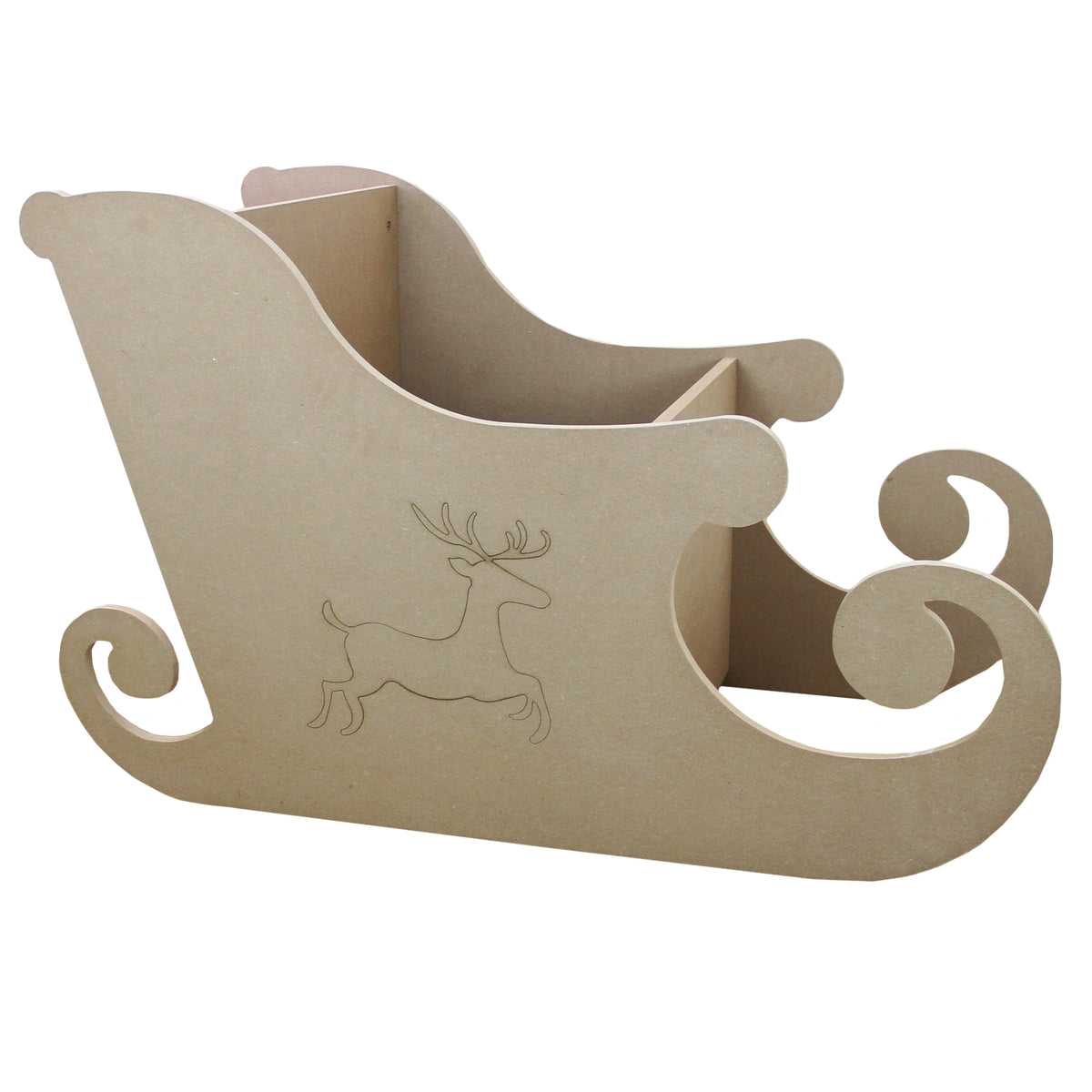 Weihnachtlicher Dekoschlitten aus MDF in natürlichem Braun mit geschwungenen Kanten und einem eingravierten Rentiermotiv, ideal für festliche Dekoration