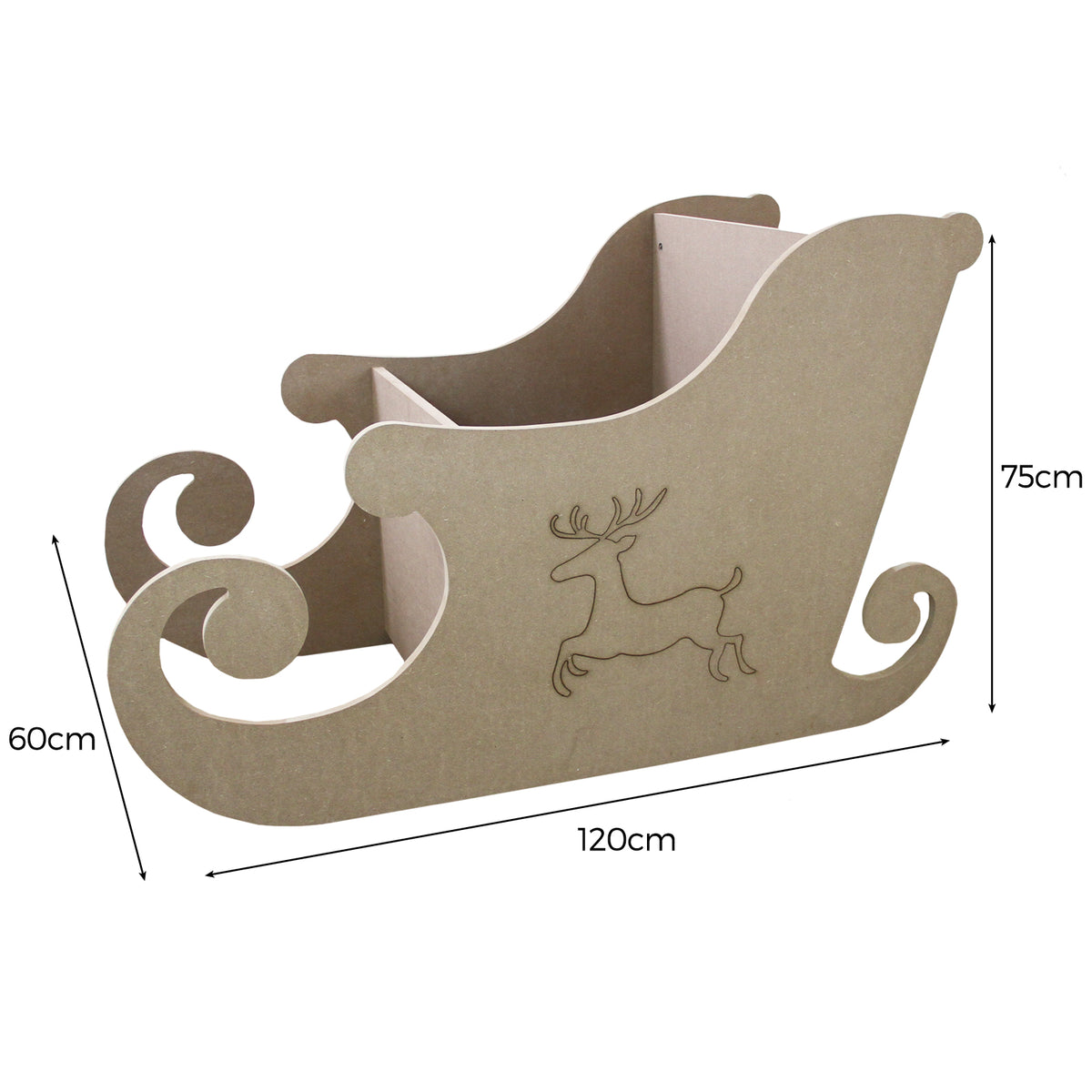 Weihnachtlicher Dekoschlitten aus MDF in natürlichem Braun, mit geschwungenen Kanten und einem eingravierten Rentiermotiv, Maße 120cm x 60cm x 75cm