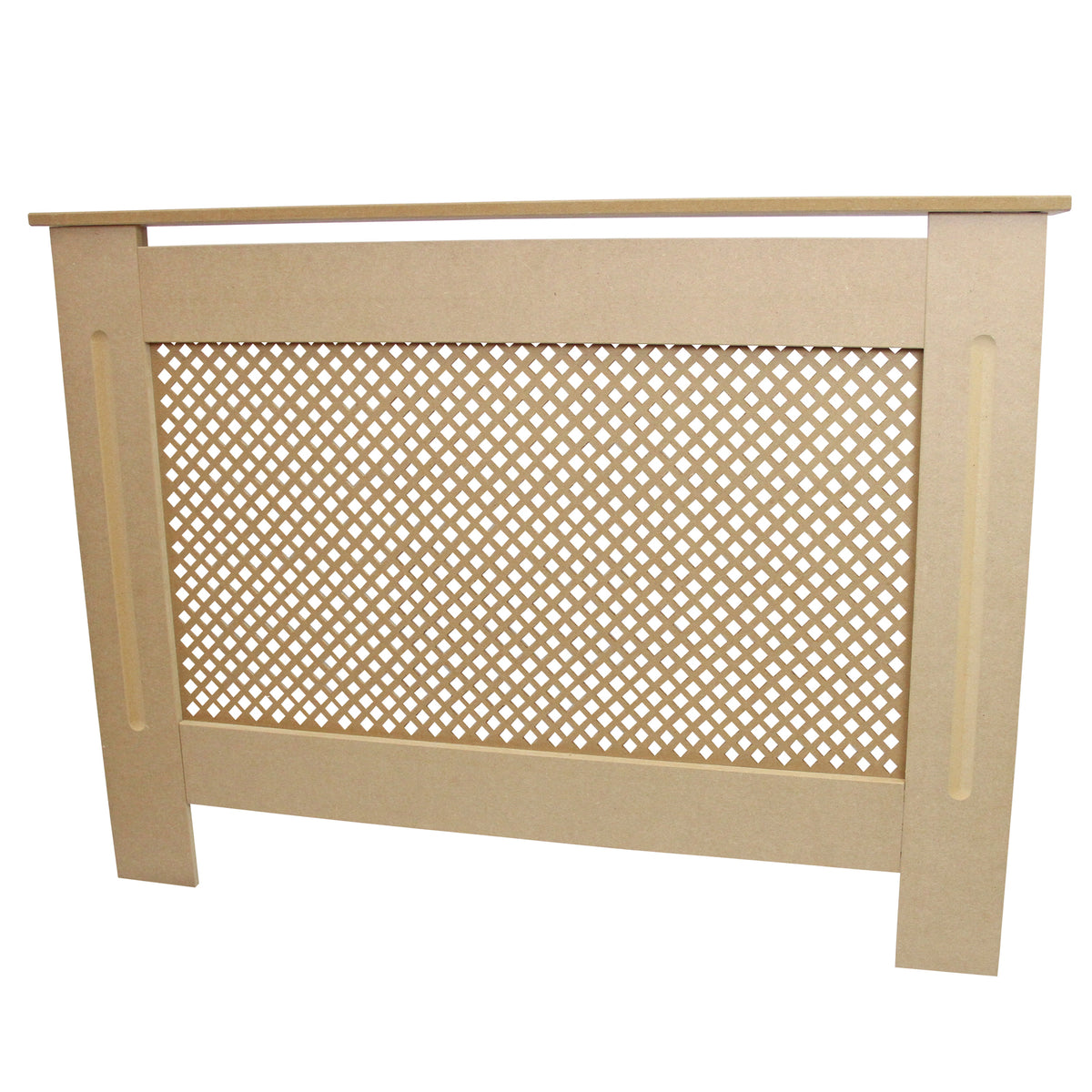 Heizkörperverkleidung aus unbehandeltem MDF in natürlichem Holzton, mit dekorativem Gittermuster und stabilen Seitenwänden, ideal für jeden Raum