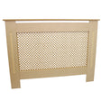 Unbehandelte MDF-Heizkörperverkleidung in hellem Beige, mit einem dekorativen Gitterdesign und stabilen, geraden Seiten, ideal für Wohnräume