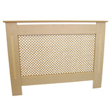 Unbehandelte MDF-Heizkörperverkleidung in hellem Beige, mit einem dekorativen Gitterdesign und stabilen, geraden Seiten, ideal für Wohnräume