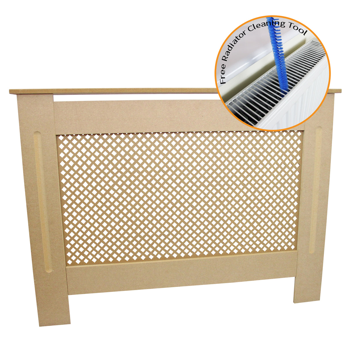 Heizkörperverkleidung aus unbehandeltem MDF in natürlichem Holzton, mit dekorativem Gitterdesign und abgerundeten Kanten, inklusive Reinigungswerkzeug