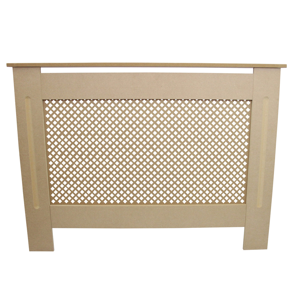 Heizkörperverkleidung aus unbehandeltem MDF in natürlichem Holzton, mit einem dekorativen Gittermuster und stabilen Seitenwänden, ideal für Wohnräume