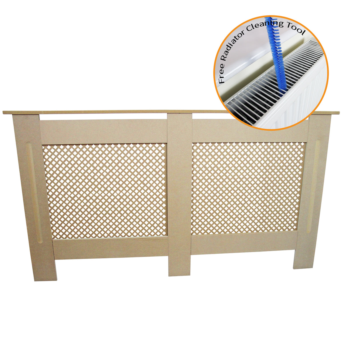 Heizkörperverkleidung aus unbehandeltem MDF in natürlichem Beige, mit dekorativem Gittermuster und einer kostenlosen Reinigungsbürste für Heizkörper