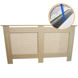 Heizkörperverkleidung aus unbehandeltem MDF in natürlichem Beige, mit dekorativem Gittermuster und einer kostenlosen Reinigungsbürste für Heizkörper