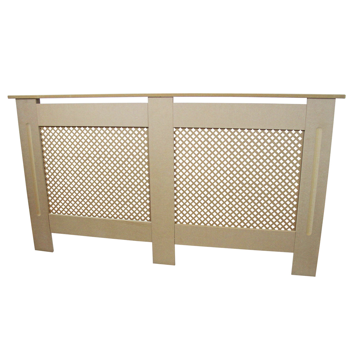 Heizkörperverkleidung aus unbehandeltem MDF in natürlichem Beige, mit einem dekorativen Gittermuster und stabilen, geraden Kanten