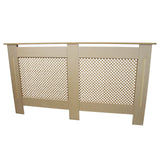 Heizkörperverkleidung aus unbehandeltem MDF in natürlichem Beige, mit einem dekorativen Gittermuster und stabilen, geraden Kanten