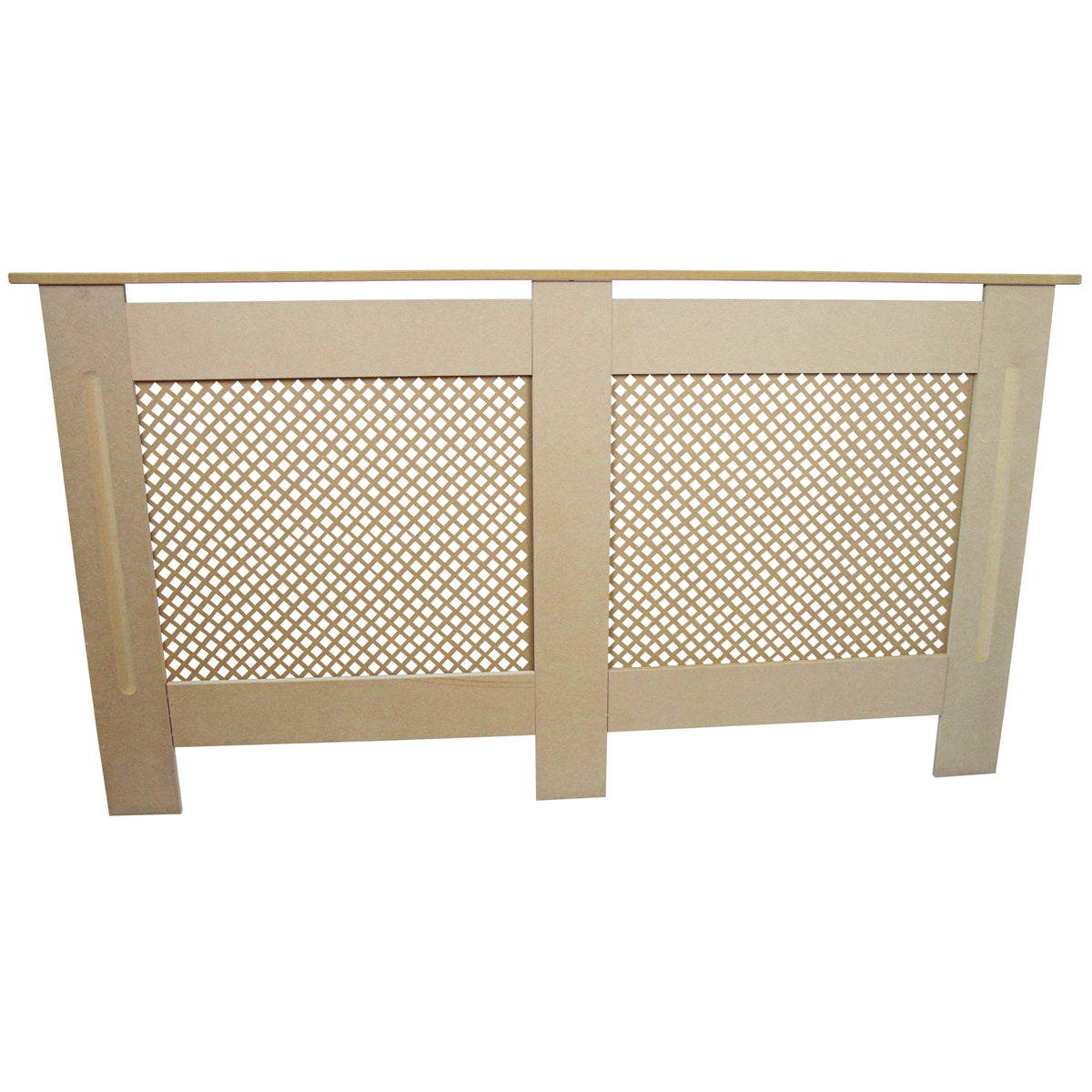 Unbehandelte MDF-Heizkörperverkleidung in natürlichem Holzton, rechteckig mit dekorativem Gittermuster und glatten Kanten, 1515 mm breit