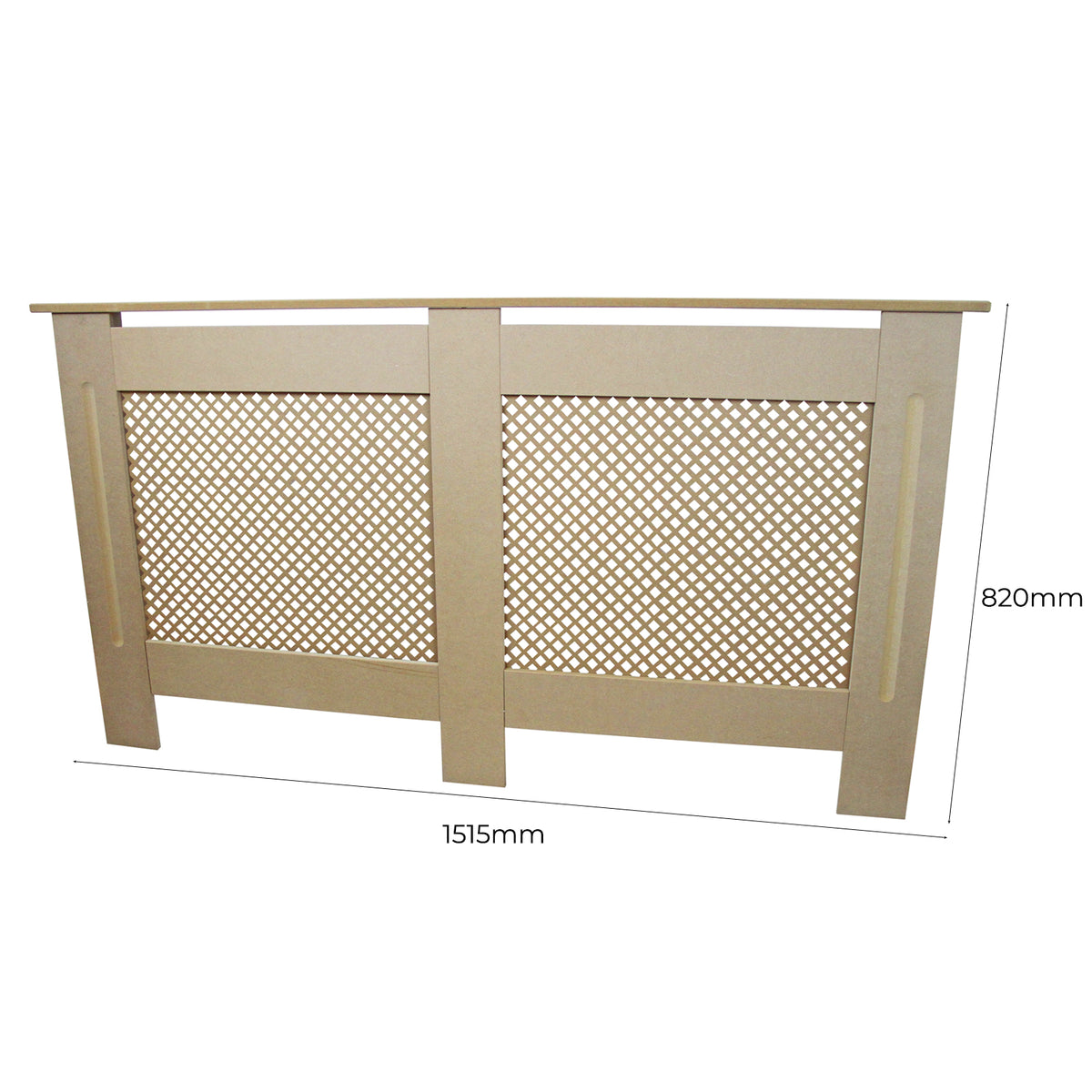 Heizkörperverkleidung aus unbehandeltem MDF, 1515mm breit und 820mm hoch, mit dekorativem Gittermuster und glatter, heller Oberfläche