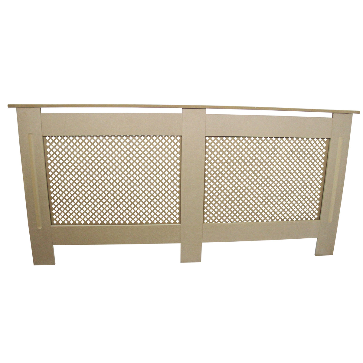 Heizkörperabdeckung aus unbehandeltem MDF in hellem Beige, mit einem modernen, durchbrochenen Design und glatter Oberfläche, 1720 mm lang