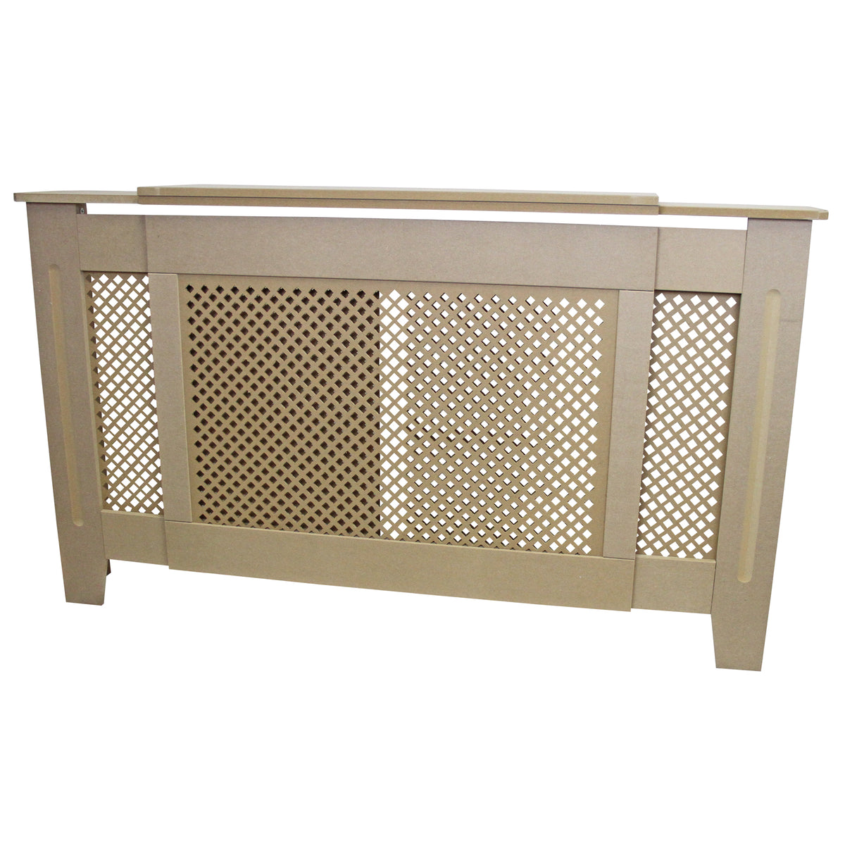 Heizkörperverkleidung aus unbehandeltem Holz, 1400mm-1920mm, mit dekorativem Gitterdesign, hellbeige Farbe und glatter Oberfläche