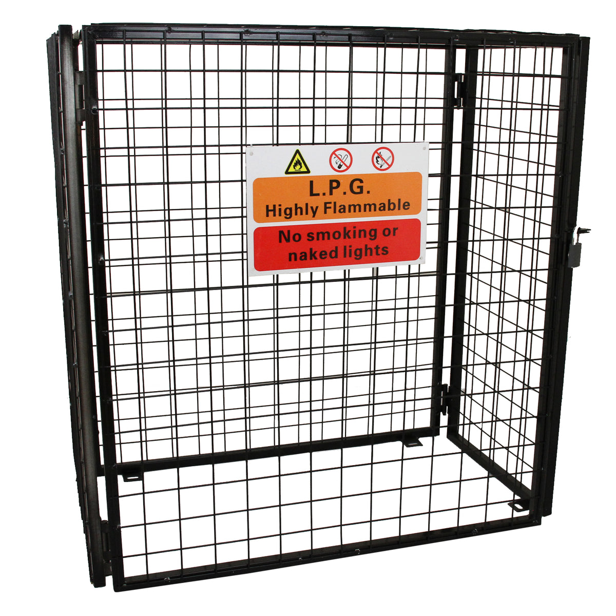 Schwarzes, gitterartiges Gasflaschen-Depot mit Warnschildern für brennbare Gase, ideal zur sicheren Lagerung von Gasflaschen