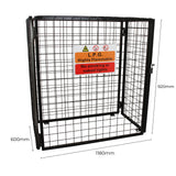 Schwarzes, gitterartiges Gasflaschen-Depot mit Warnschild, Maße 1180mm x 600mm x 920mm, ideal für sichere Lagerung von Gasflaschen