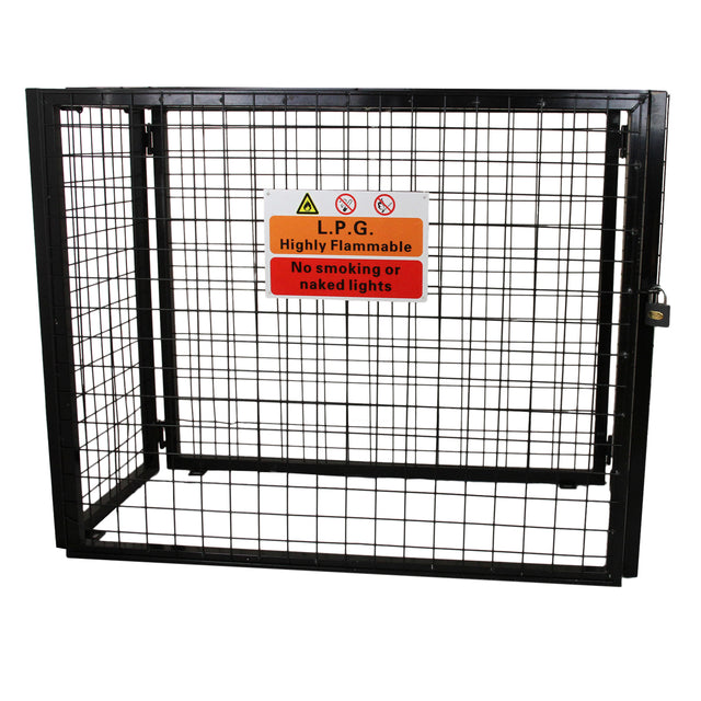 Robustes, schwarzes Gasflaschen-Depot aus Metall mit Gitterstruktur, Sicherheitswarnschild und abschließbarem Zugang, ideal für die Lagerung von Gasflaschen