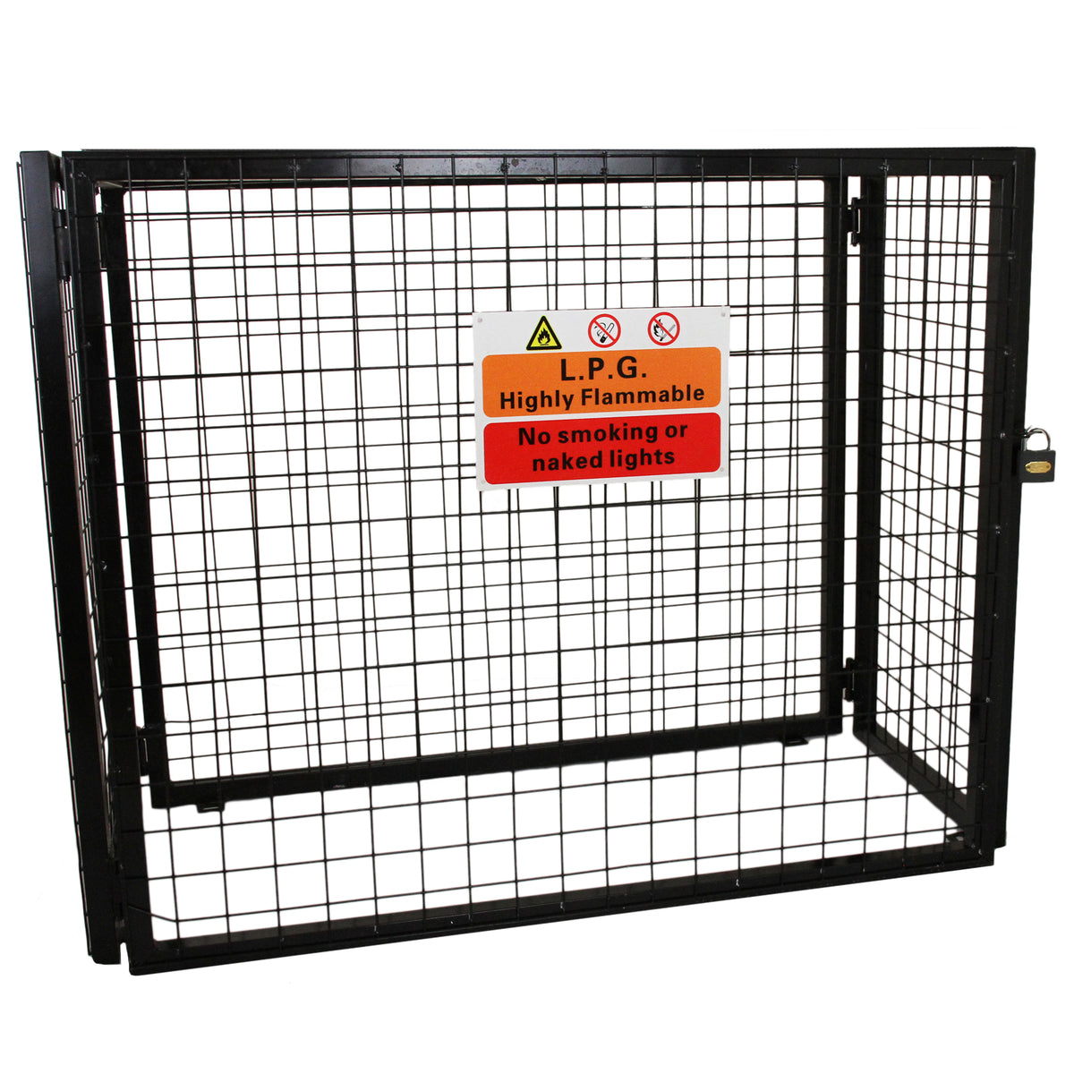 Schwarzes Gasflaschen-Depot aus Metall mit Gitterstruktur, Sicherheitswarnschild für brennbare Gase, ideal zur sicheren Lagerung von Gasflaschen
