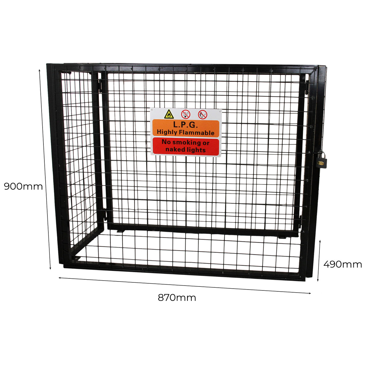 Schwarzes Gasflaschen-Depot aus Metall mit Gitterstruktur, 90 cm hoch, 87 cm breit, Sicherheitswarnschild für LPG, ideal zur sicheren Lagerung von Gasflaschen
