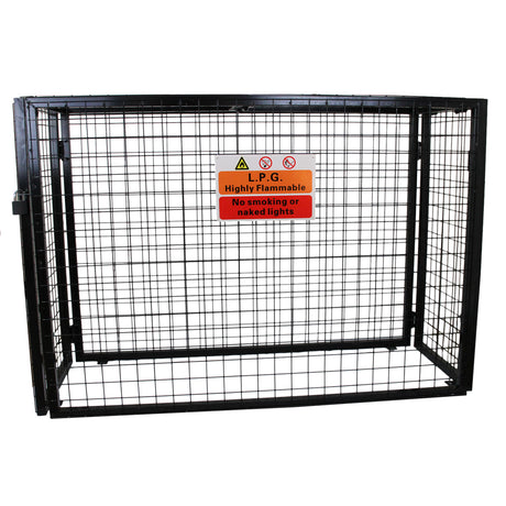 Robustes Gasflaschen-Depot aus schwarzem Metallgitter, 100 cm groß, mit Warnschild für brennbare Gase, ideal für sichere Lagerung von Gasflaschen