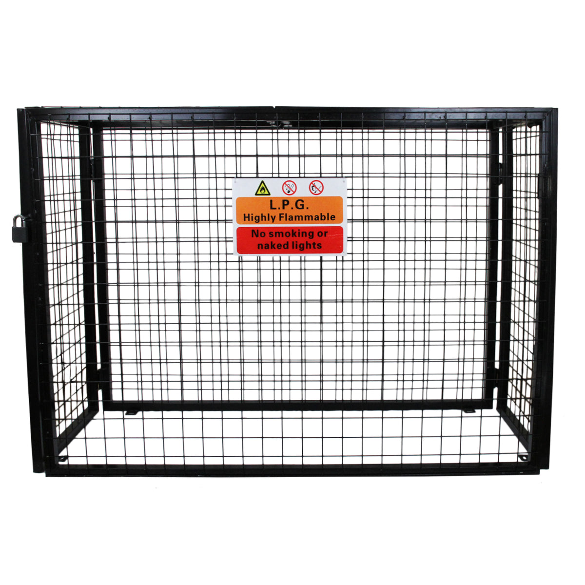 Robustes, schwarzes Gasflaschen-Depot mit Gitterstruktur und Warnschild für Lagerung, 100 cm groß, sicher und feuerfest, ideal für Außenbereiche