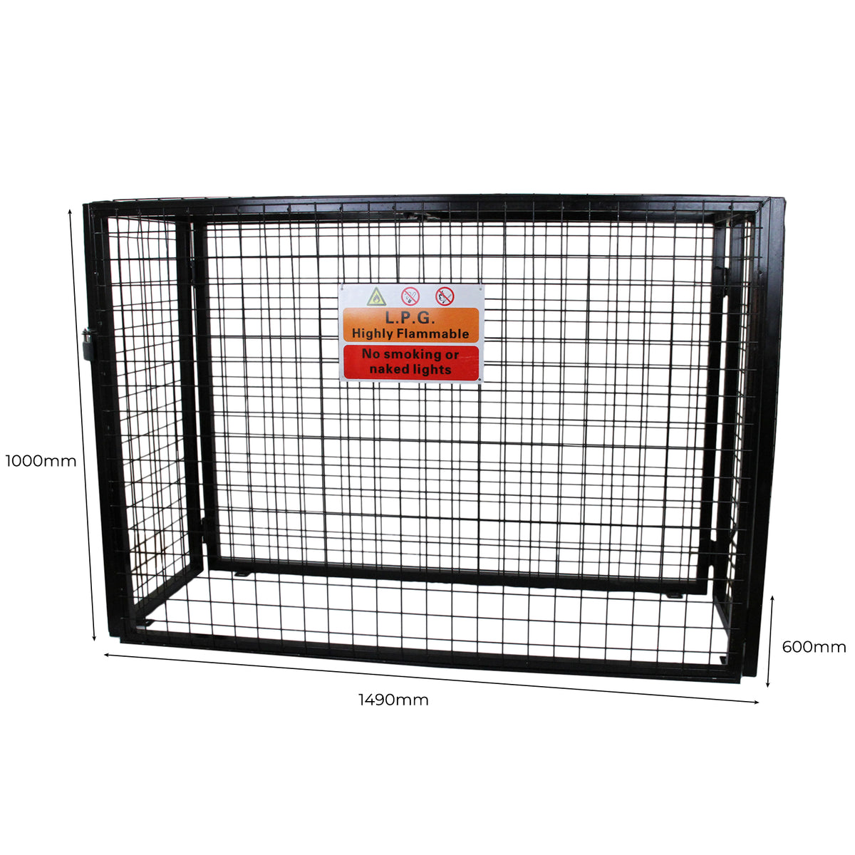 Robustes, schwarzes Gasflaschen-Depot aus Metall mit Gitterstruktur, Sicherheitswarnschild und Maßangaben für die Lagerung von Gasflaschen