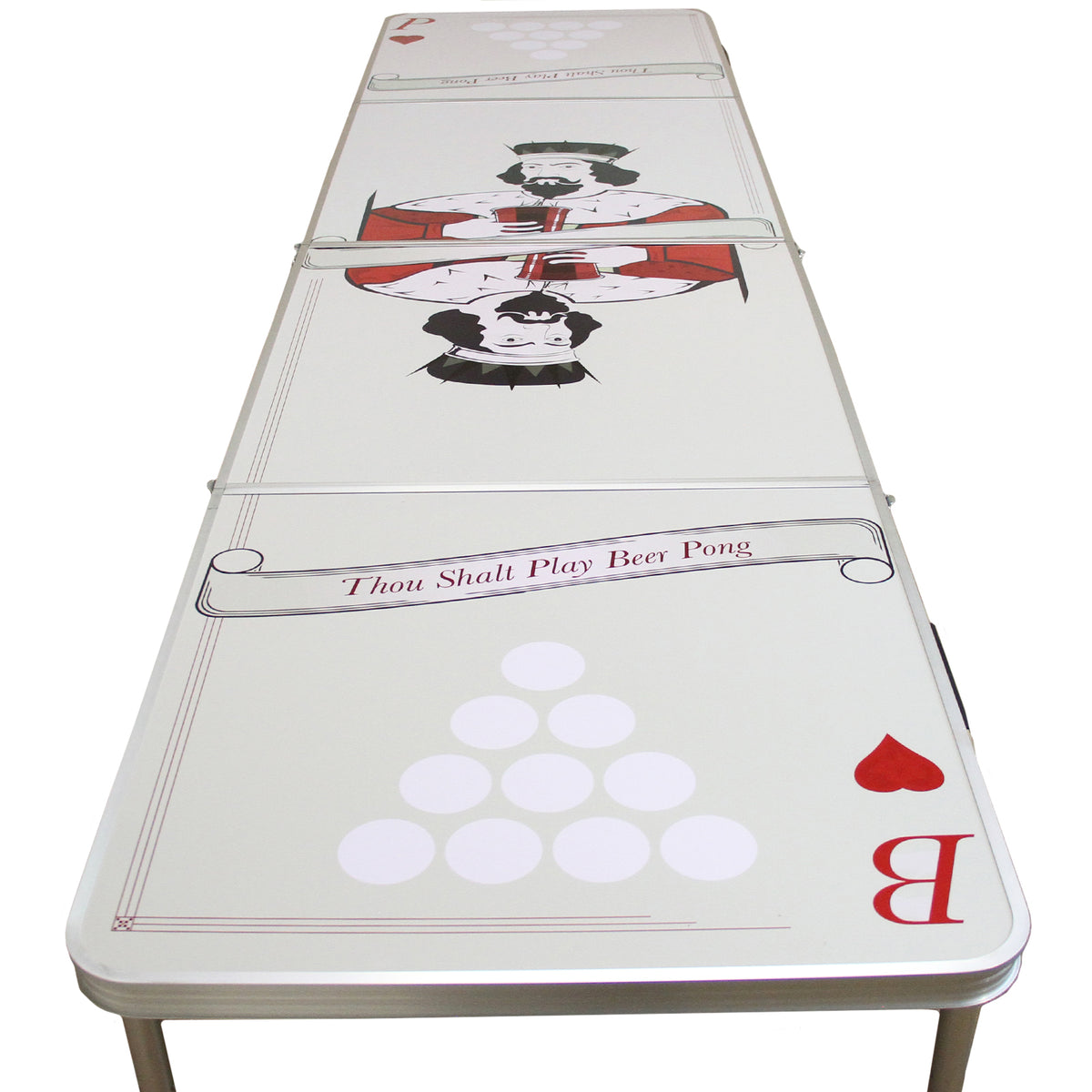 Bier Pong Tisch mit Kartenmotiv, hellgrauer Oberfläche, rote Herzsymbole und weiße Becheranordnung, ideal für Partys und Spieleabende