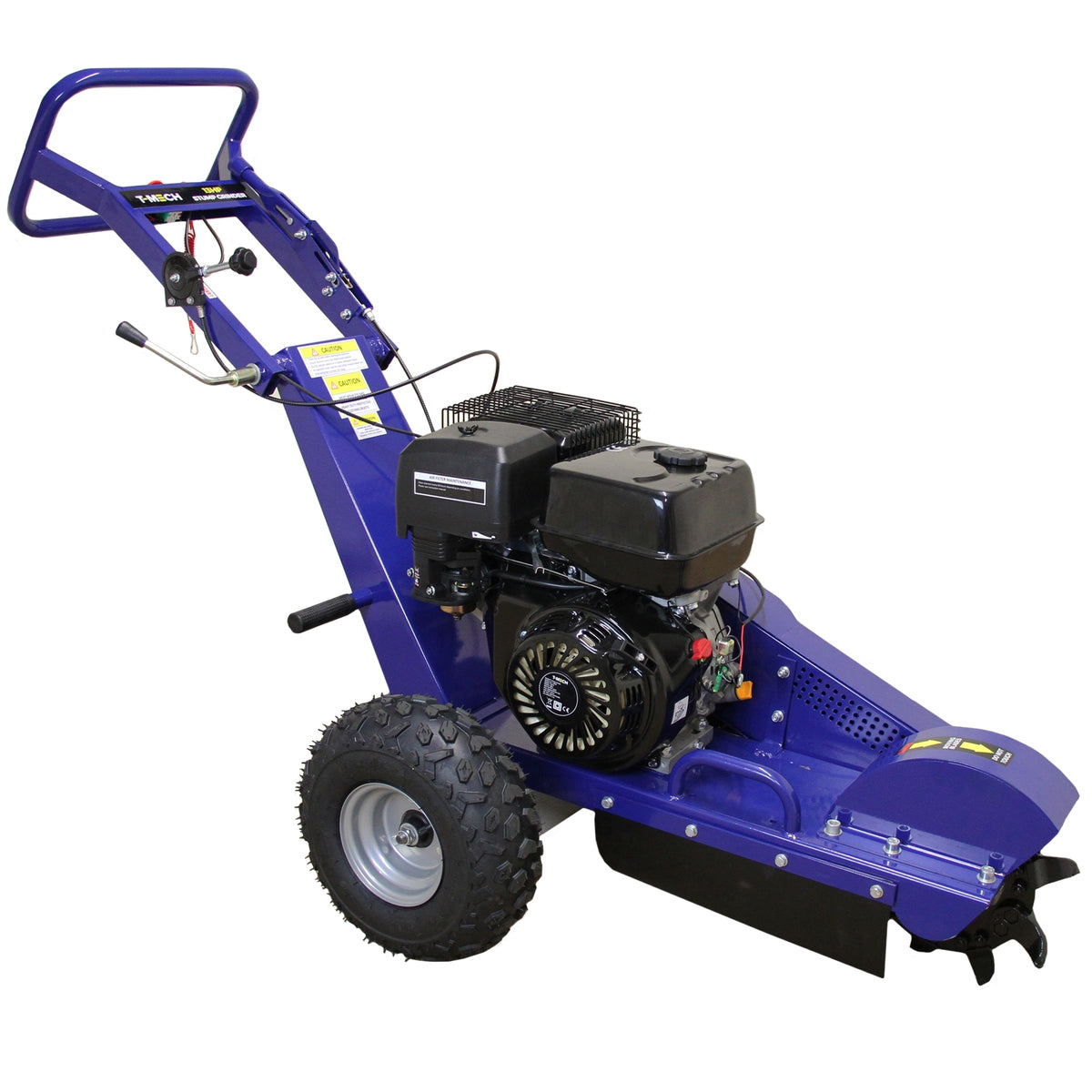 Blauer Baumstumpffräse mit robustem Motor, großen Reifen und stabiler Bauweise, ideal für das Entfernen von Baumstümpfen und Wurzeln