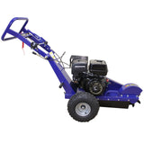 Blauer Baumstumpffräse mit robustem Motor, breiten Gummireifen und ergonomischem Griff, ideal zum Entfernen von Baumstümpfen im Garten