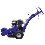 Blauer Baumstumpffräse mit robustem Motor, großen Gummireifen und ergonomischem Griff, ideal zum Entfernen von Baumstümpfen und Wurzeln