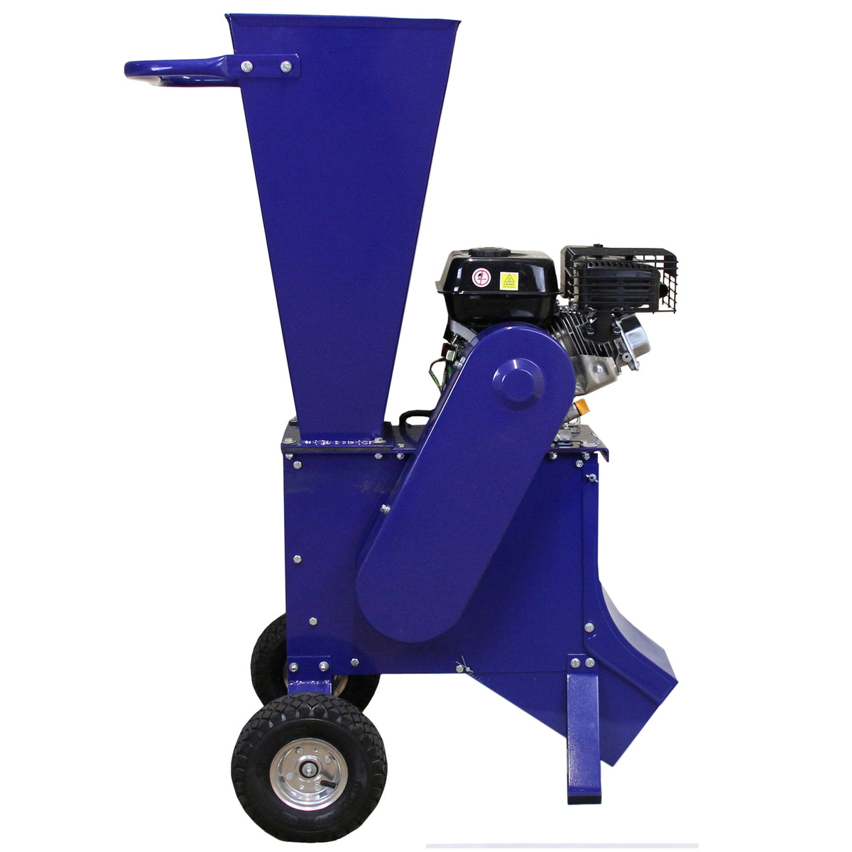 Blauer Holzspalter mit robustem Design, 370 mm Schnittbreite, ausgestattet mit einem leistungsstarken 6,5 PS Motor und stabilen Rädern für einfache Mobilität