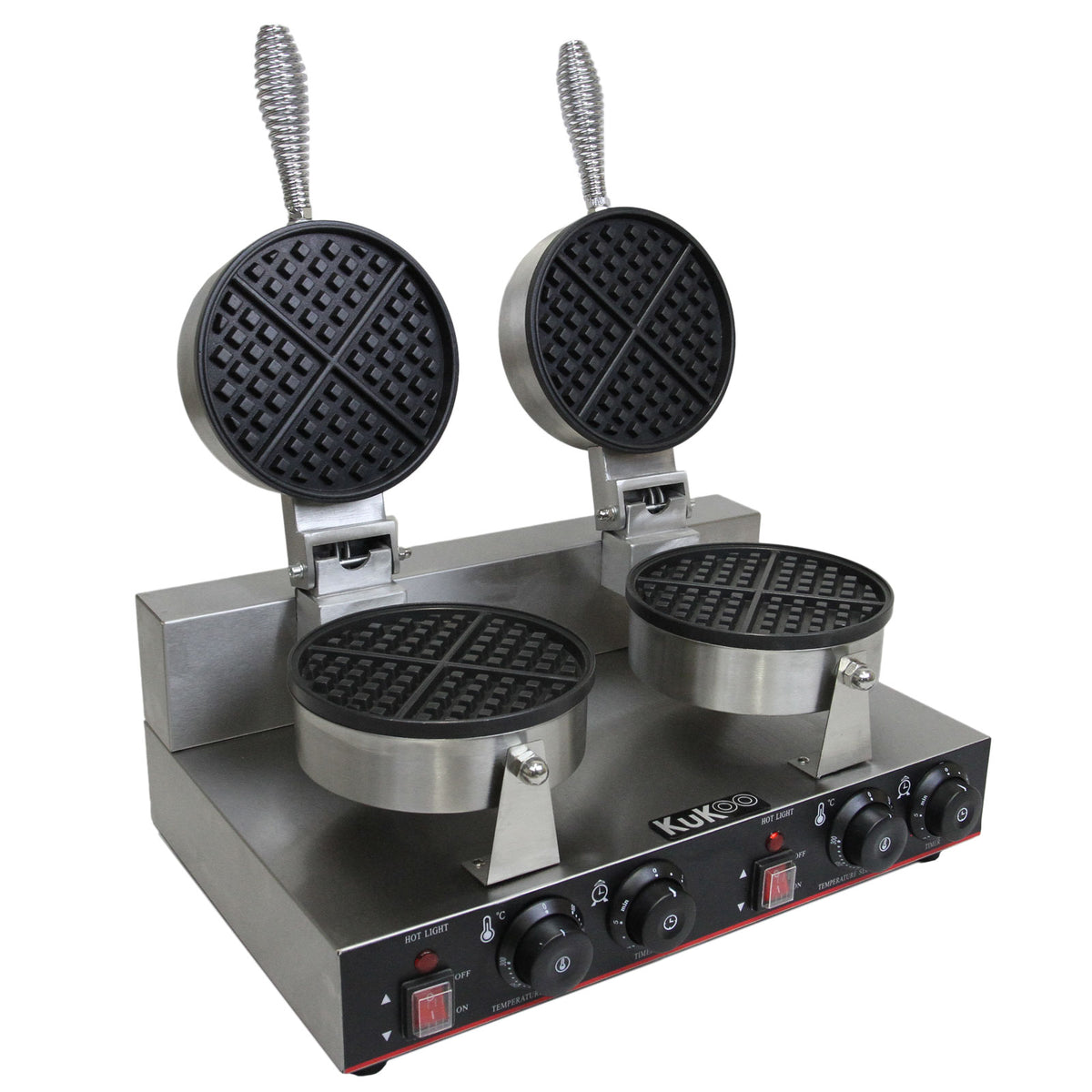 Doppel Waffeleisen mit zwei runden, antihaftbeschichteten Platten, Edelstahl-Gehäuse, Temperaturreglern und stabilen Griffen für gleichmäßige Waffeln