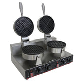 Doppel Waffeleisen mit zwei runden, antihaftbeschichteten Platten, Edelstahl-Gehäuse, Temperaturreglern und stabilen Griffen für gleichmäßige Waffeln
