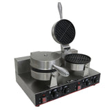 Professionelles doppeltes Waffeleisen aus Edelstahl mit zwei runden Waffelplatten, verstellbaren Temperaturreglern und robustem Griff