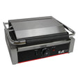 Edelstahl Panini Grill mit glatter und gerillter Oberfläche, schwarzem Temperaturregler und rotem Akzent, ideal für Sandwiches und Grillgerichte