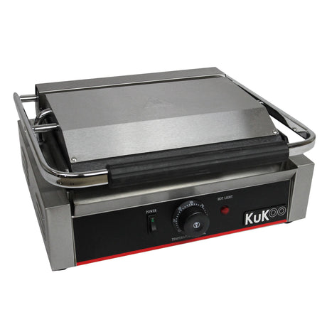 Edelstahl Panini Grill mit glatter und gerillter Oberfläche, schwarzem Temperaturregler und rotem Akzent, ideal für Sandwiches und Grillgerichte