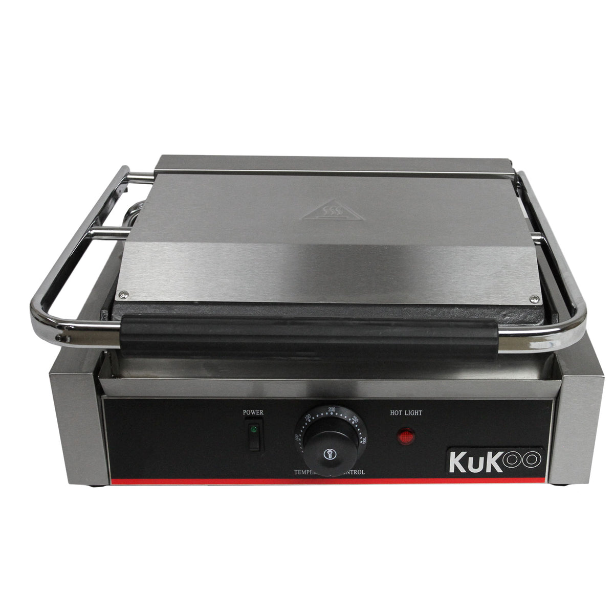 KuKoo Edelstahl Panini Grill mit glatter und gerillter Oberfläche, robustes Gehäuse, Temperaturregelung und praktischem Griff für einfaches Handling