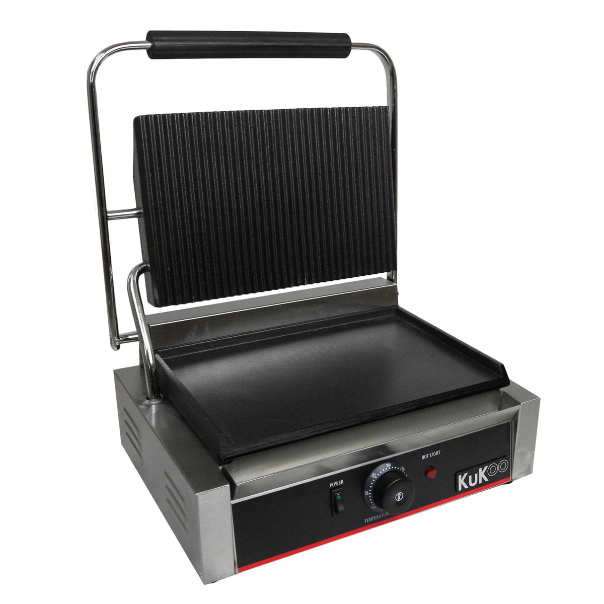 KuKoo Edelstahl Panini Grill mit einer glatten und einer gerillten Grillplatte, schwarzer Griff, temperaturregulierbarem Drehknopf und robustem Design