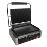 KuKoo Edelstahl Panini Grill mit einer glatten und einer gerillten Grillplatte, schwarzer Griff, temperaturregulierbarem Drehknopf und robustem Design