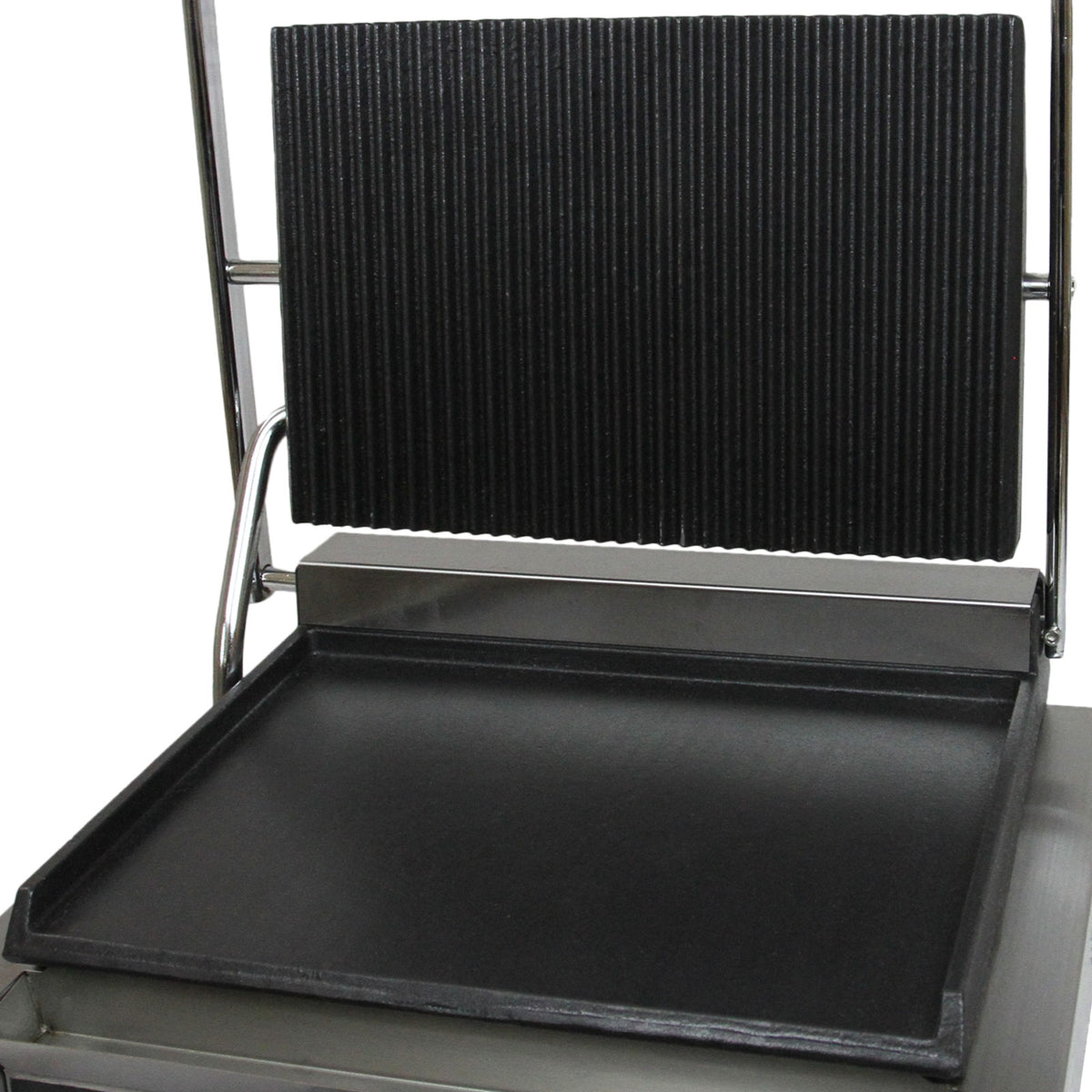 Edelstahl Panini Grill mit einer glatten und einer gerillten Grillplatte, robustes Design, ideal für Sandwiches und Grillgerichte, leicht zu reinigen
