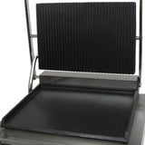 Edelstahl Panini Grill mit einer glatten und einer gerillten Grillplatte, robustes Design, ideal für Sandwiches und Grillgerichte, leicht zu reinigen