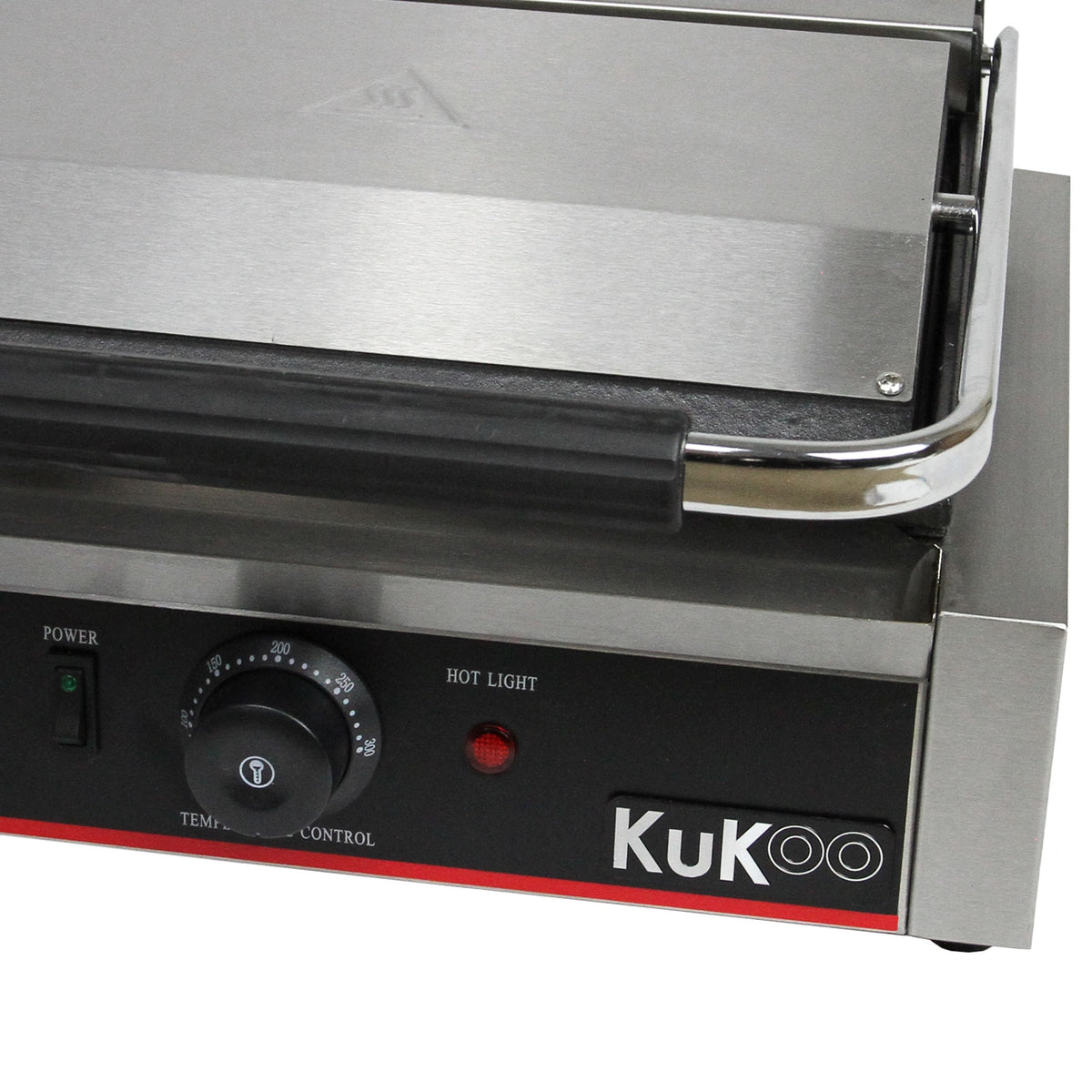 Edelstahl Panini Grill mit glatter und gerillter Oberfläche, Temperaturregler, Power- und Hot-Light-Anzeige, modernes Design in Silber und Schwarz