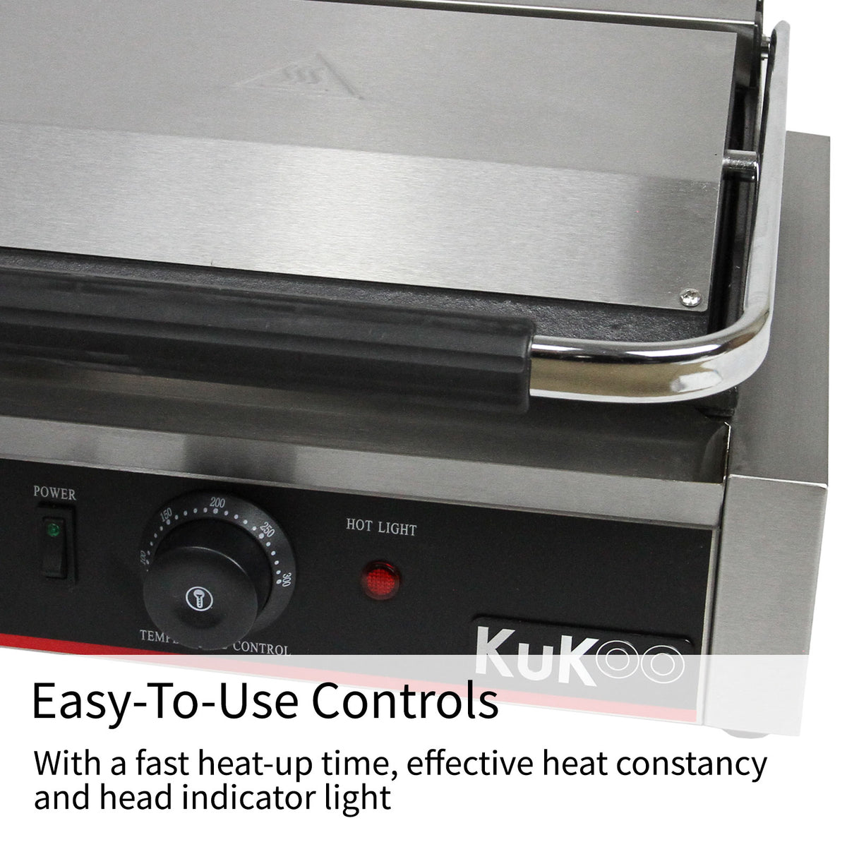 Edelstahl Panini Grill mit glatter und gerillter Platte, einfache Steuerung, Temperaturregler und Kontrollleuchte für optimale Nutzung