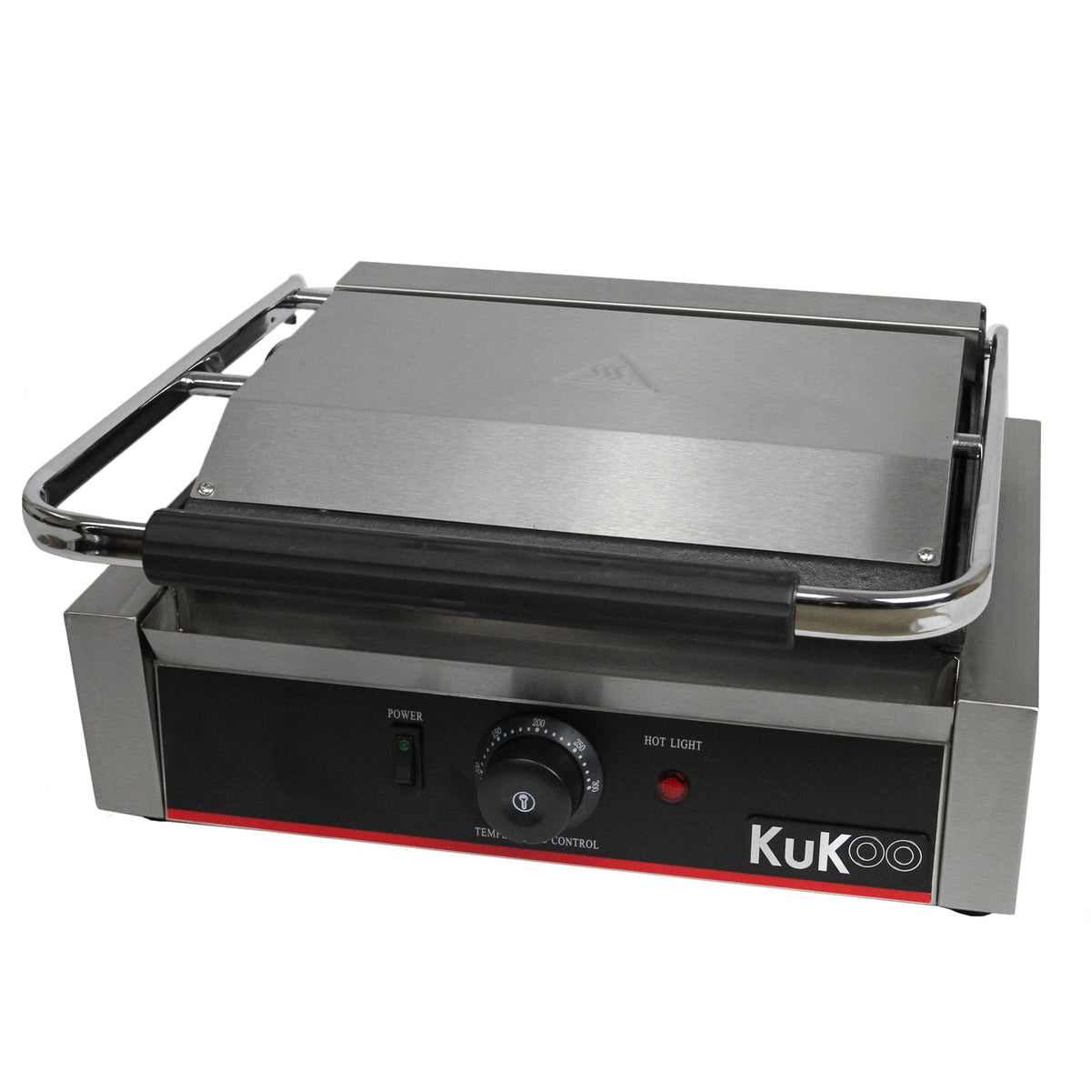 Der KuKoo Panini Grill 2200W hat eine robuste Edelstahl-Oberfläche, einen schwarzen Griff und eine benutzerfreundliche Temperaturregelung für perfekte Grillresultate