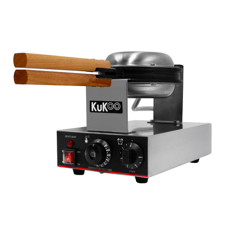 Professionelles KuKoo Waffeleisen aus Edelstahl mit Holzgriffen, Temperaturregler und Timer für perfekte Waffeln in jeder Küche