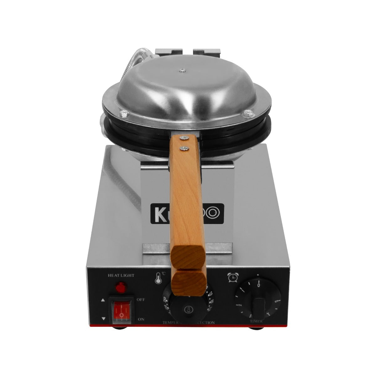 Profi Waffeleisen von KuKoo mit glänzendem Edelstahlgehäuse, Holzgriff und Temperaturregler für perfekte Waffeln in jeder Küche