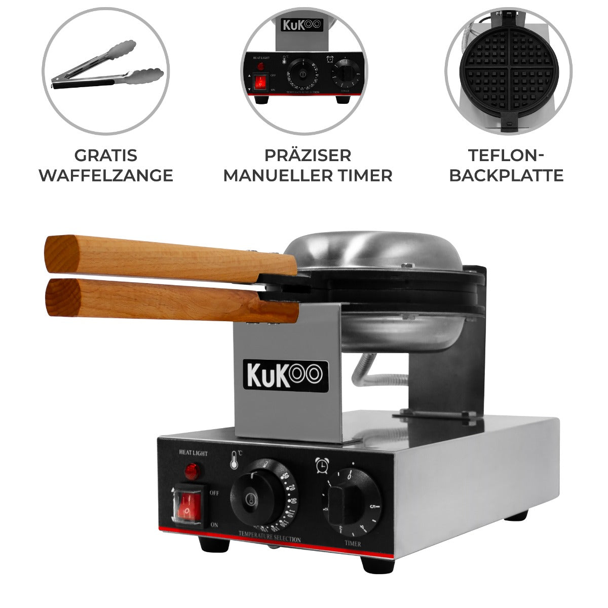 Professionelles KuKoo Waffeleisen aus Edelstahl mit Teflon-Beschichtung, Holzgriffen, manuellem Timer und Temperaturregler für perfekte Waffeln
