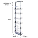 Ausziehbarer Vorratsschrank in Silber mit fünf Drahtkörben, verstellbar von 190 bis 220 cm Höhe, ideal für Küchenorganisation und Stauraum