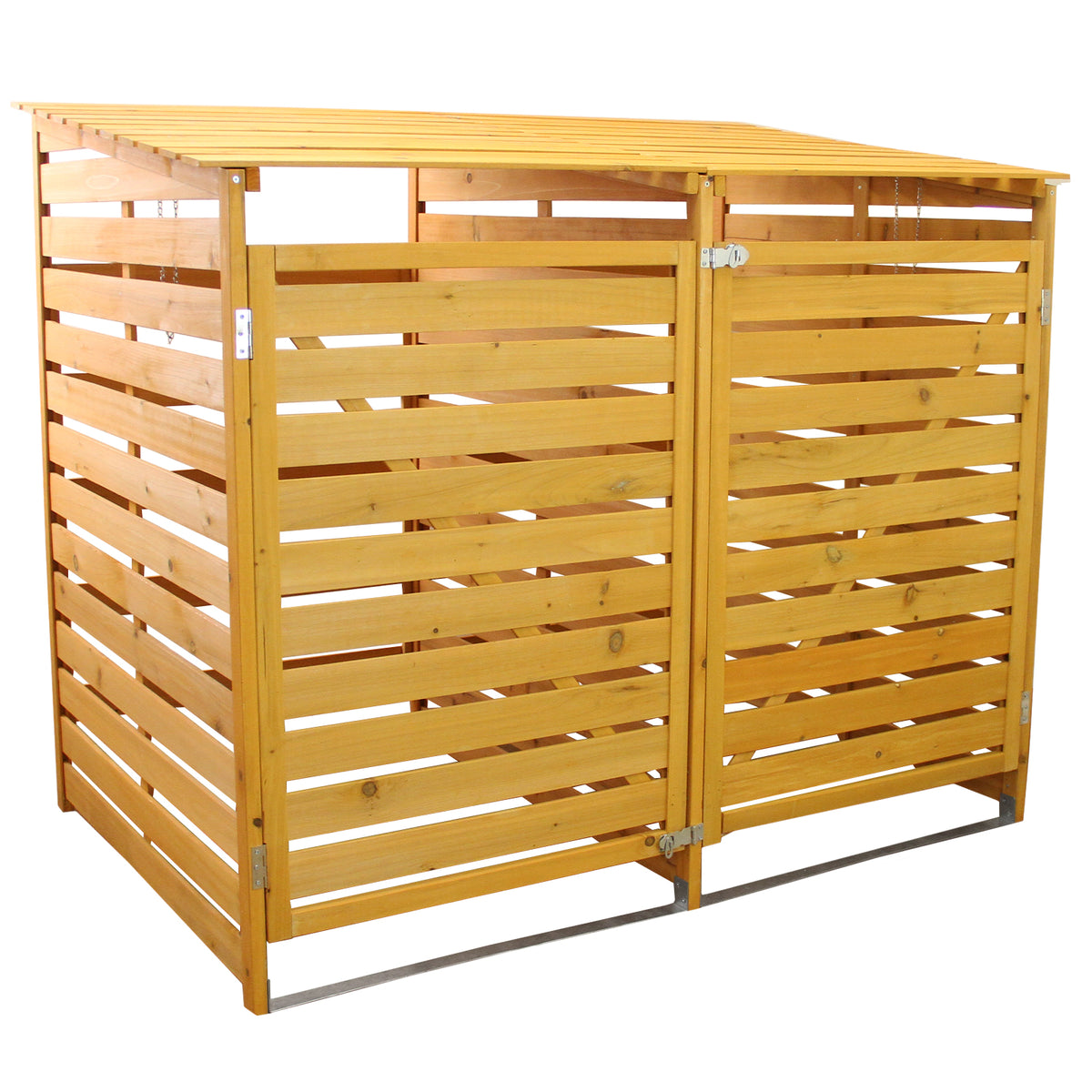 Mülltonnenverkleidung aus hellem Holz mit schrägem Dach, bietet Platz für zwei Tonnen, mit horizontalen Lamellen und stabilen Türen