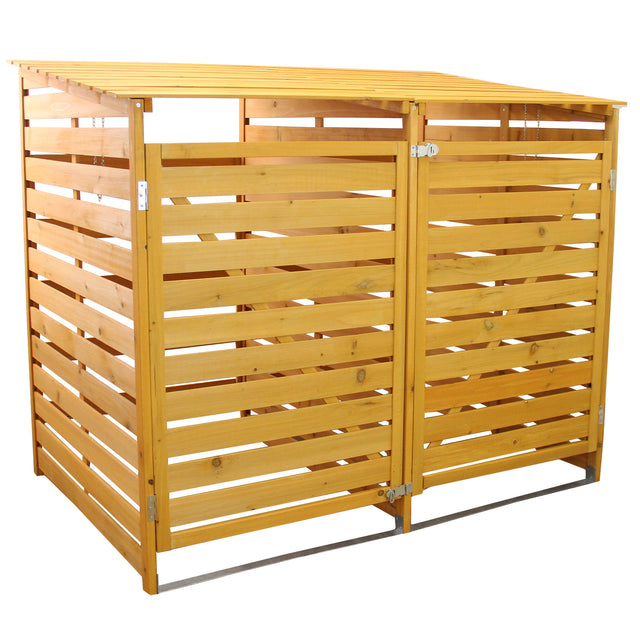 Mülltonnenverkleidung aus hellem Holz mit schrägem Dach, bietet Platz für zwei Tonnen, mit horizontalen Lamellen und stabilen Türen