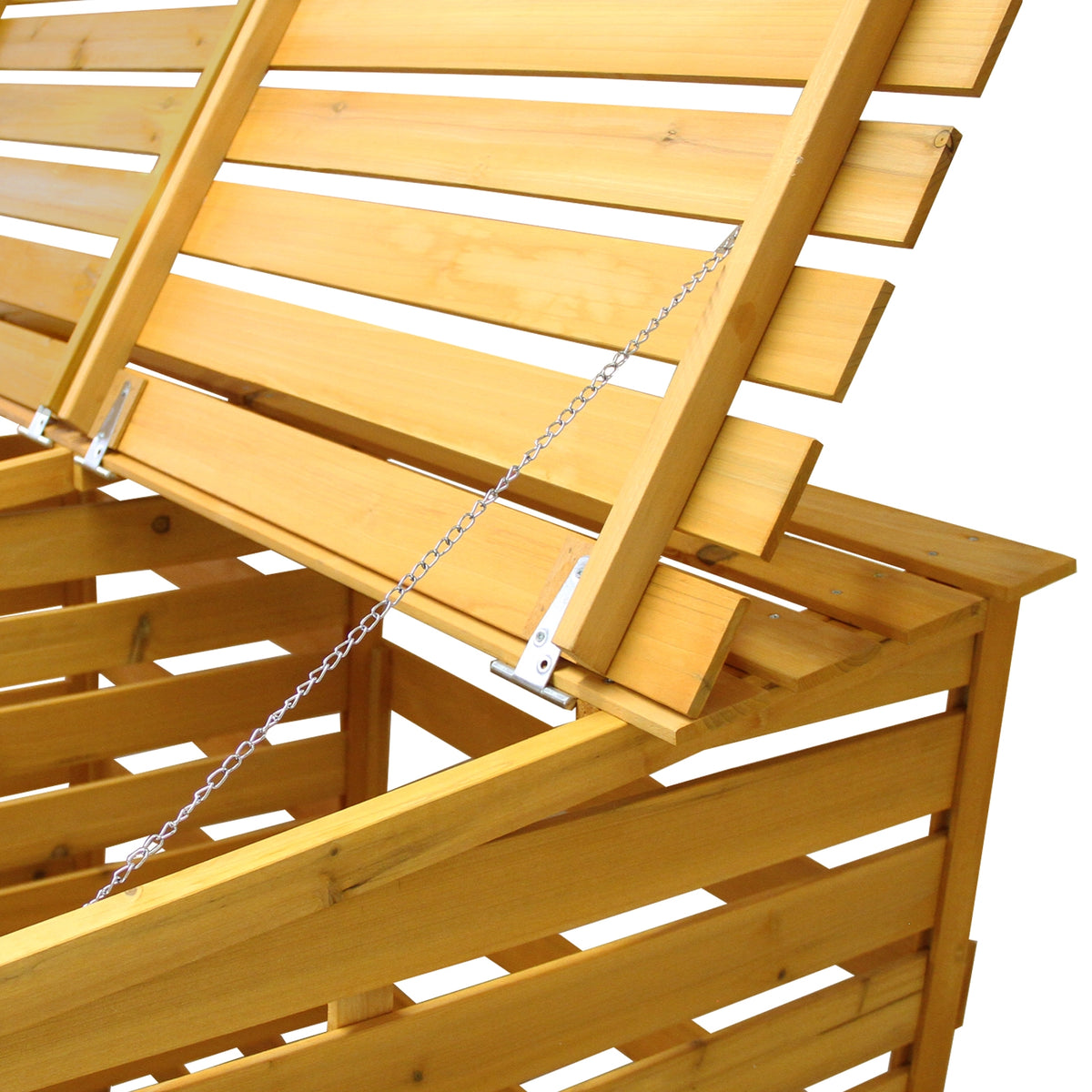 Mülltonnenverkleidung aus hellem, robustem Holz mit horizontalen Lamellen, schützender Abdeckung und stabilen Scharnieren für zwei Mülltonnen