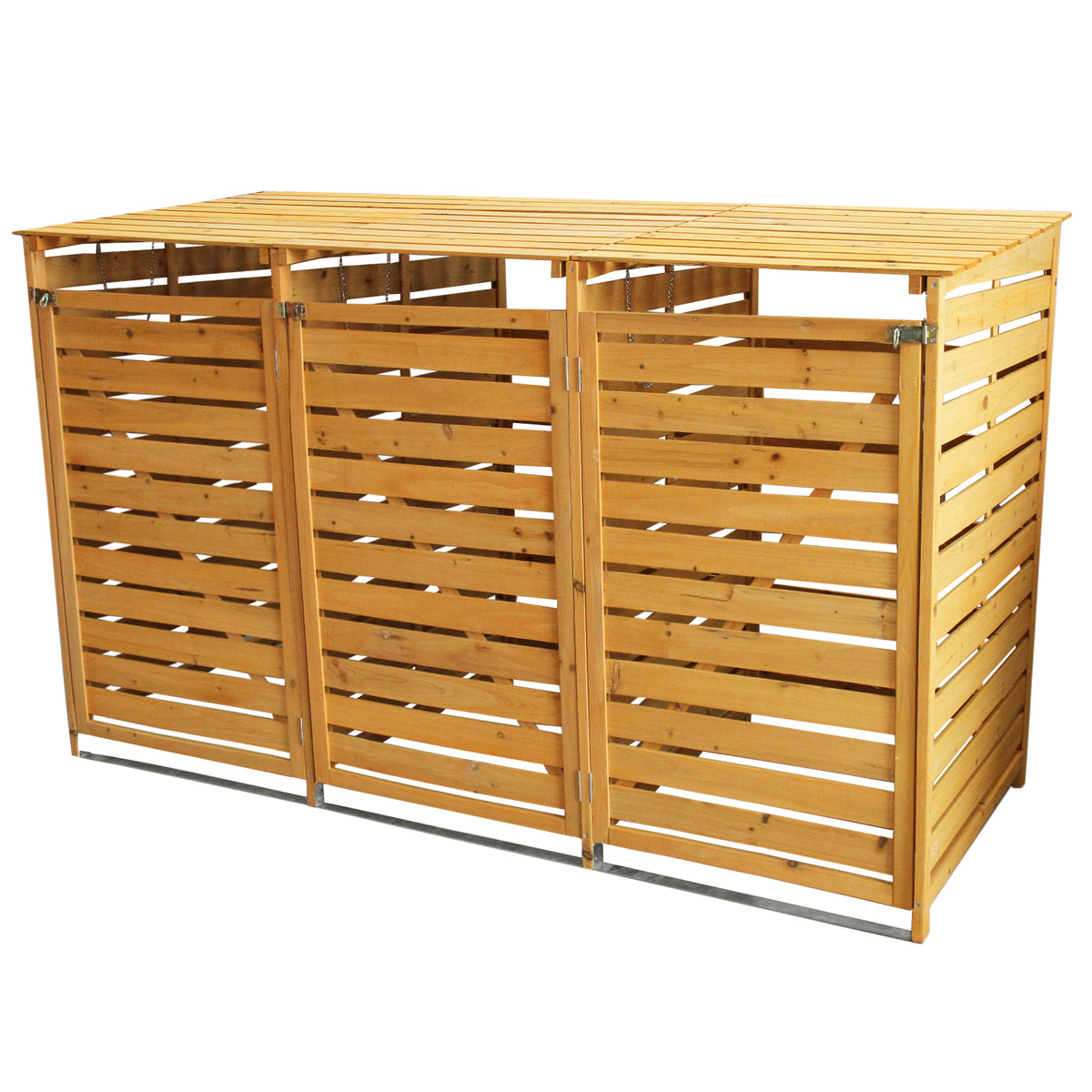 Mülltonnenverkleidung aus hellem Holz mit horizontalen Lamellen, bietet Platz für drei Mülltonnen, robust und wetterfest, ideal für den Garten