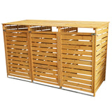 Mülltonnenverkleidung aus hellem Holz mit horizontalen Lamellen, bietet Platz für drei Mülltonnen, robust und wetterfest, ideal für den Garten